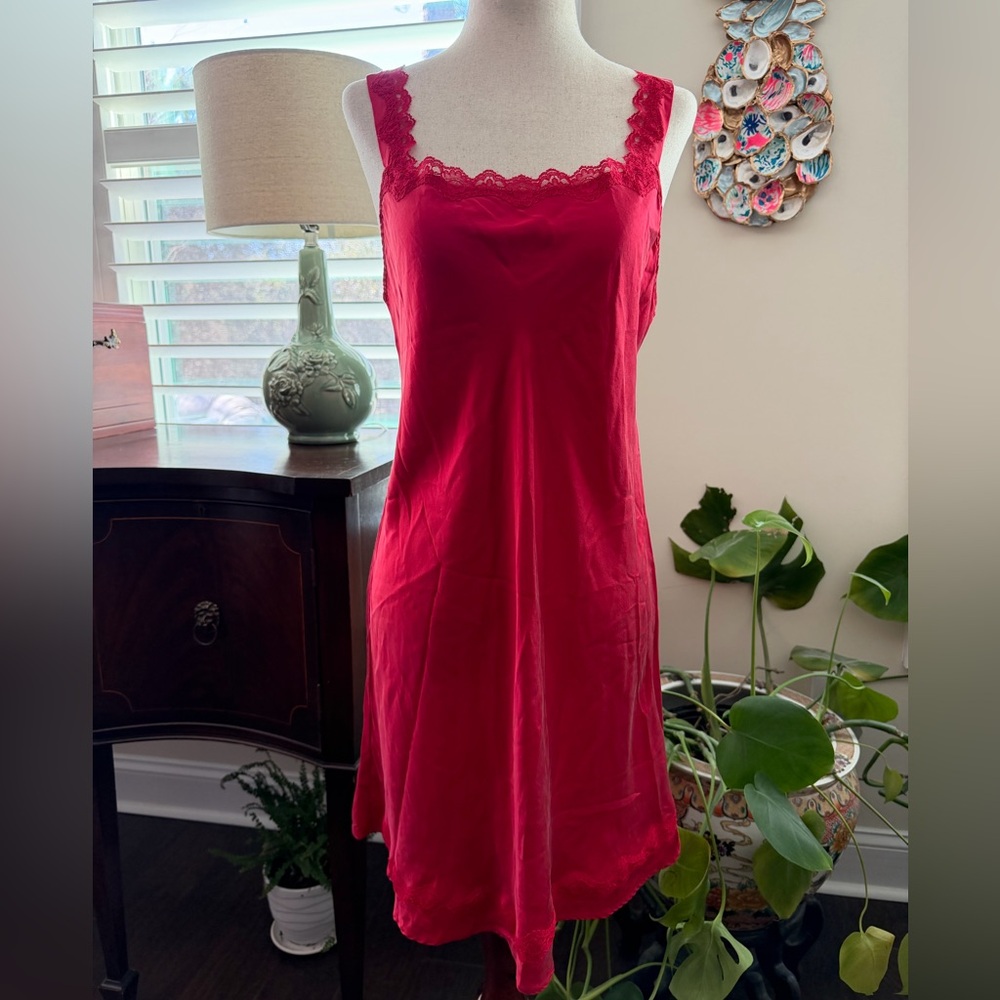 Olga 100% Silk Chemise with Lace Trim